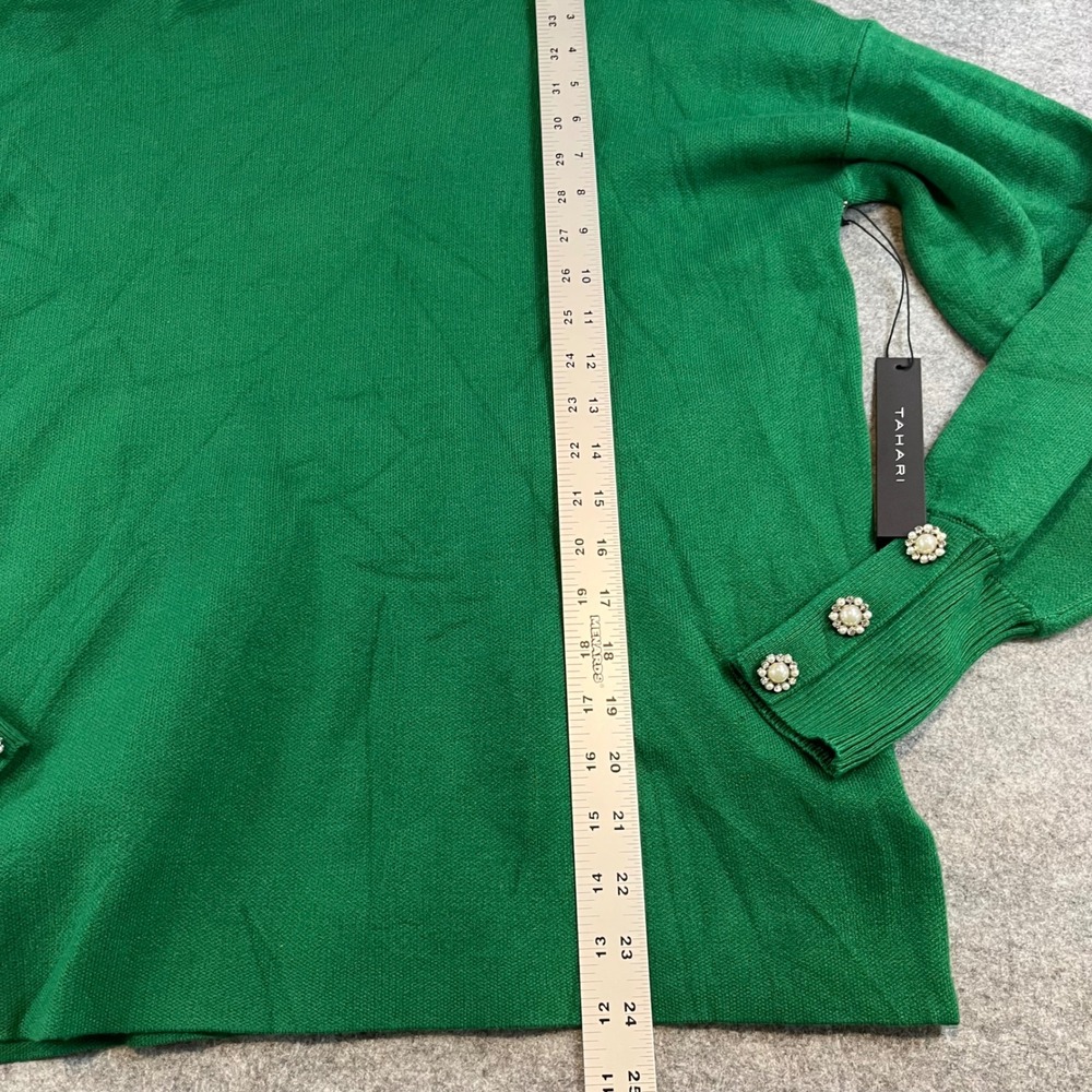 Tahari Womens Mock Neck Sweater Green Pearl Button Cuff Pullover L Holiday Chic - Picture 6 of 8
